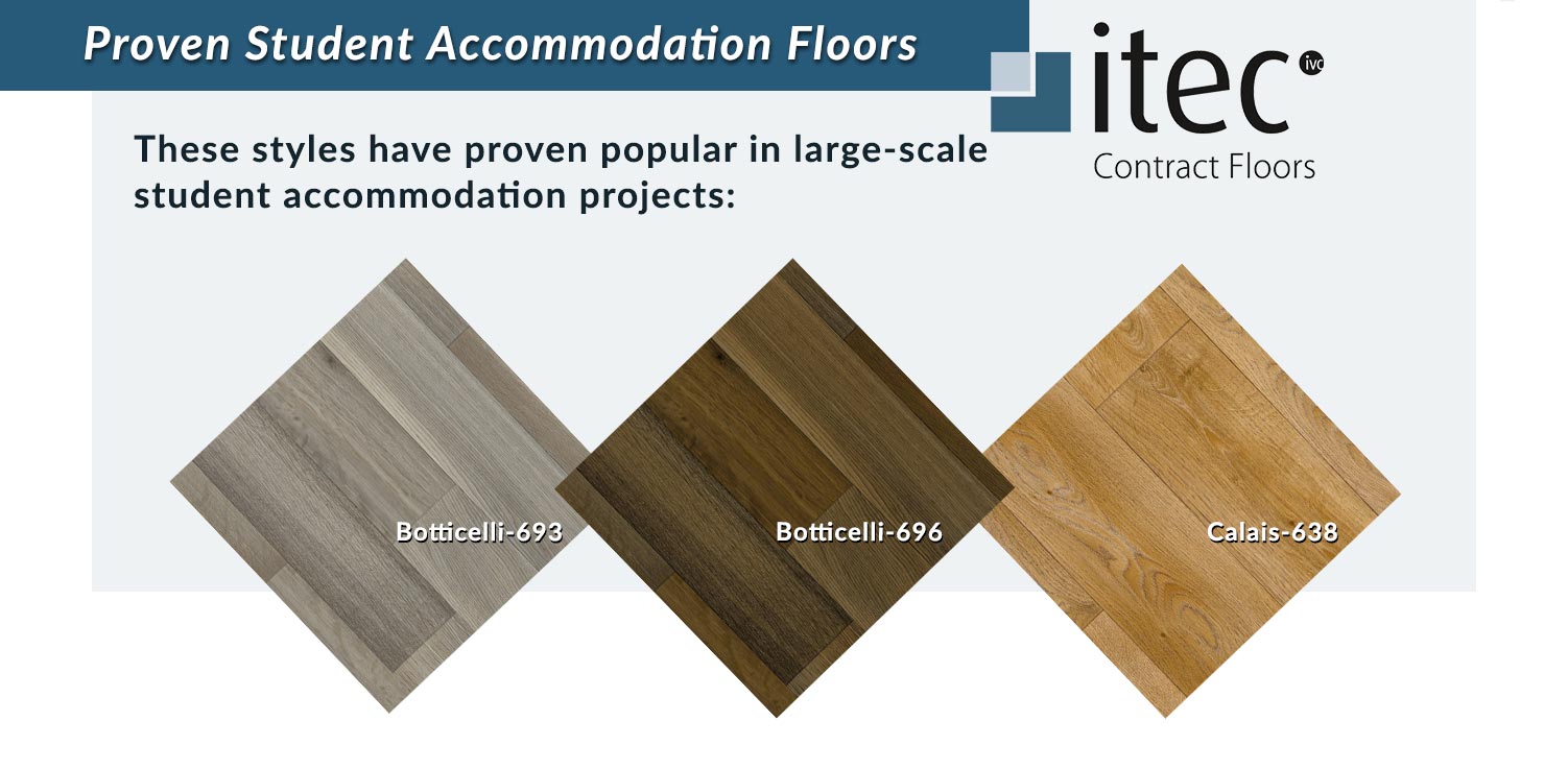 three samples of itec vinyl contract floors for student accommodation that look like natural wood