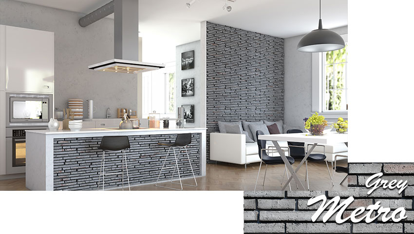 Stegu metro grey decorative stone tiles installed on the kitchen counter and living room wall