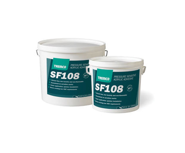 SF108 is a pressure sensitive adhesive for bonding most rubber and vinyl floor coverings as well as vinyl wall coverings.