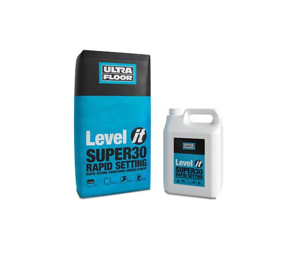 UltraFloor Level IT Super30 is a high specification, high strength, rapid drying and curing two-part cementitious smoothing underlayment.