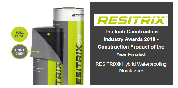 Image of Resitrix Hybrid Waterproof Membrane with Irish Construction Award 2018 text