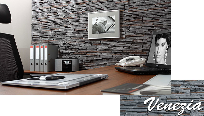 Stegu venezia graphite decorative stone tiles installed on the office walls