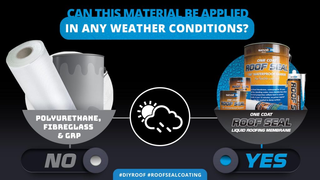 apply in any weather conditions - rain safe in 15 minutes - pros and cons of one coat roof seal compared to other roof sealing materials