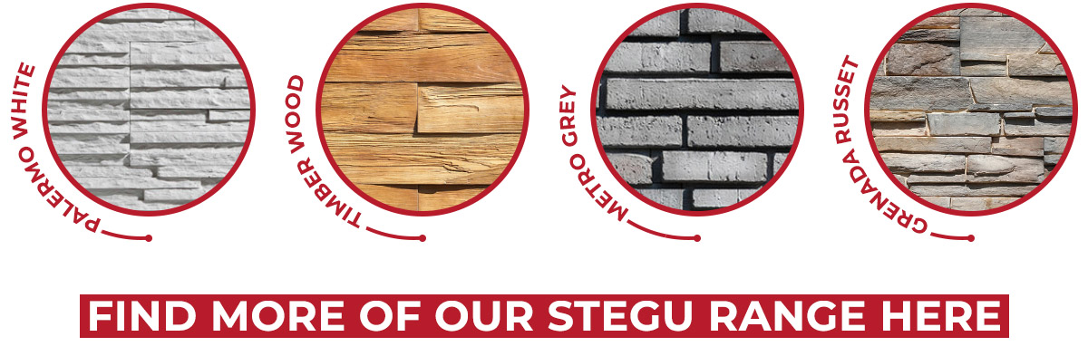 stegu interior exterior stone wall cladding - stegu range - palermo white - timber wood - metro grey - grenada russet